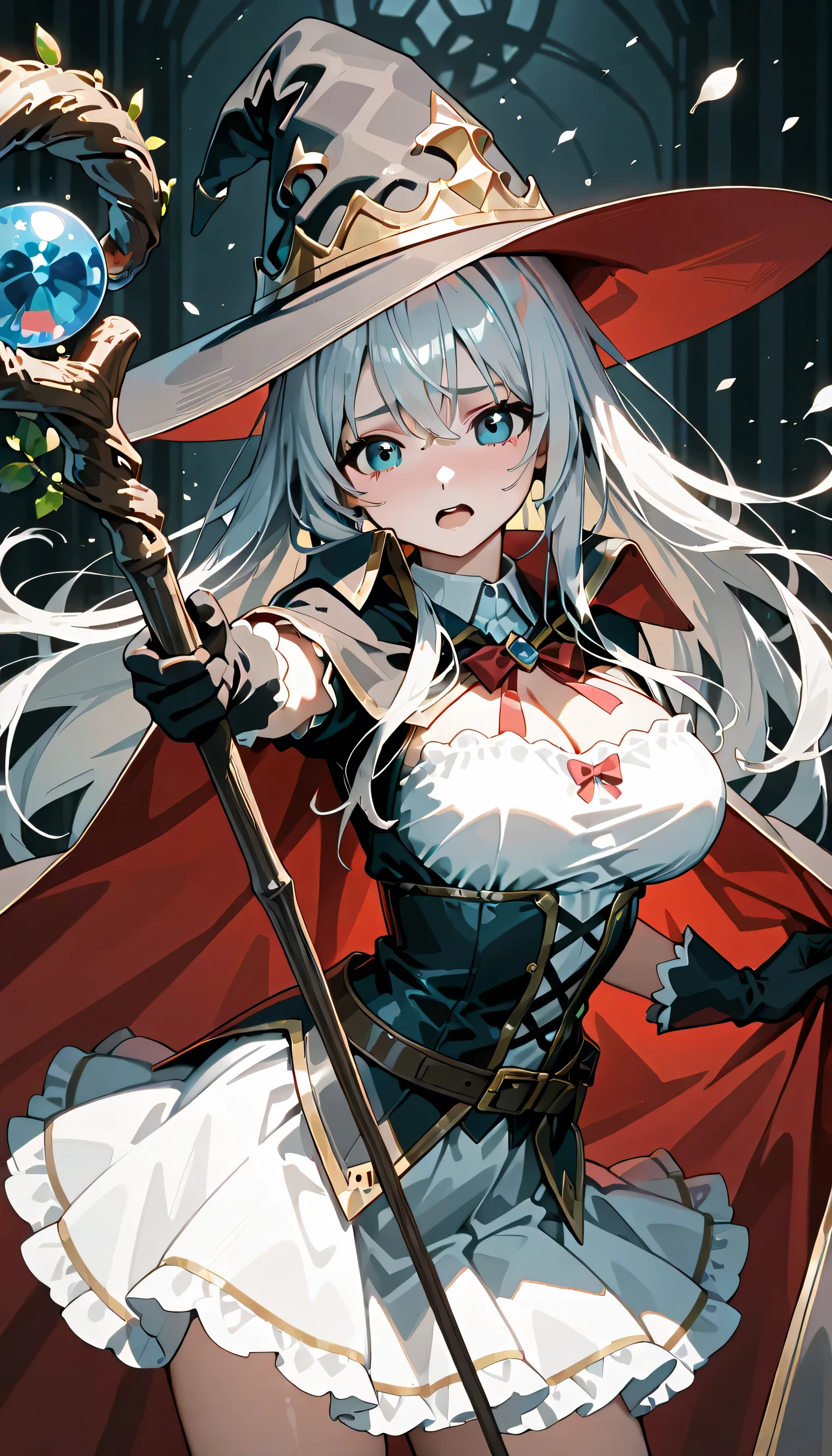 (score_9, score_8_up, score_7_up), source_Anime, absurd_res, white, blue, black, 1girl, solo, upper body, super fine illustration, an extremely delicate and beautiful, best quality, masterpiece, 8K, Walpurgis night setting, standing in hell, gentle breeze, moonlight, long silver hair:1.3, two side up:1.2, blue eyes, hair ribbon with black, ample breasts, open clotch, wizard frilled dress with black, wizard cloak with black, flared skirt with black, witch hat with black, ultra-beautiful girl, fluttering hair, blushing faces:1.3, in heat:1.3, drooling:1.3, embarrassed reaction, looking viewers, holding a long wizard's staff, dynamic pose, contrapposto pose, soft fabric movement, fluttering petals, warm and bright atmosphere, soft lighting, delicate color palette, detailed clothing folds, flowing hair, lively Walpurgis night vibe, highly detailed rendering, breathtaking composition,