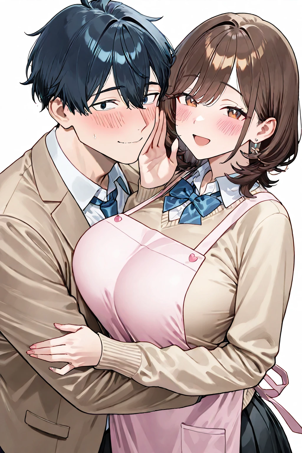 score_7_up, score_6_up, source_anime, anime screencap, 1girl, black hair, ponytail, purple eyes, large breasts, school, student, shirt, skirt, red ribbon, looking at viewer, standing, blush, 1boy, faceless male, size difference, side by side, grabbing breasts over shoulder, netorare, put arm around shoulder