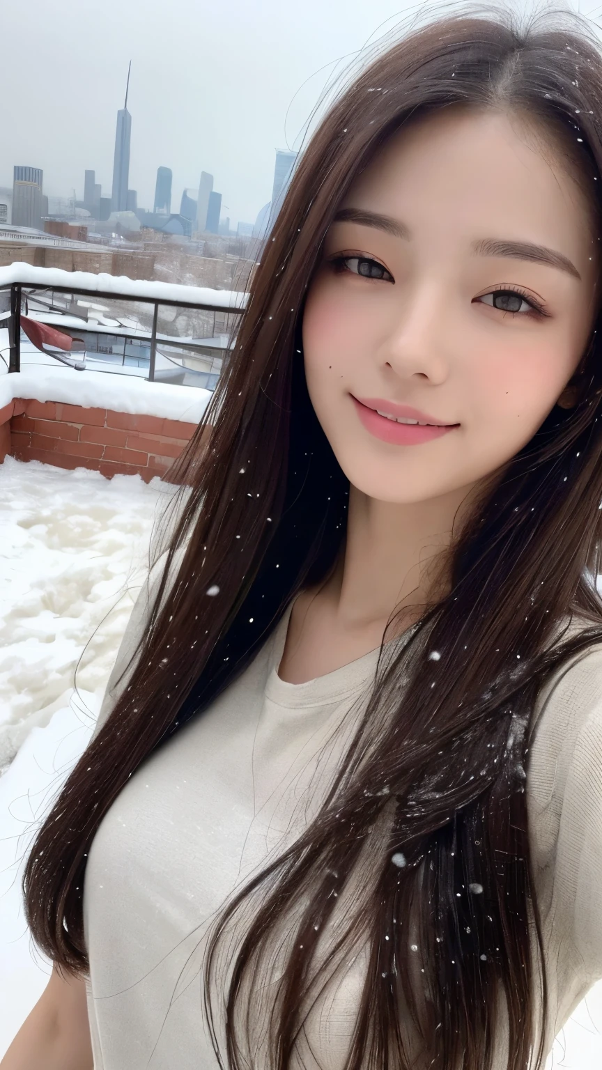 In a fantastic snowy background,a beautiful 20-year-old Singaporean girl with innocent,big eyes,a calm smile,long hair,medium breasts,revealing a glimpse of cleavage