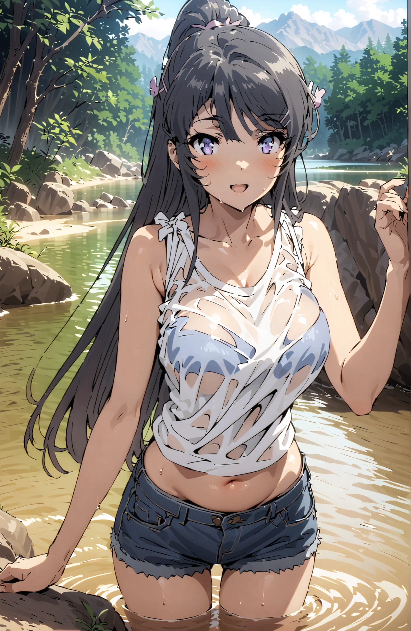 Mai Sakurajima, Bang, black hair, hair ornament, purple eyes in gla,side lock with s2 co,ponytail,Big Breasts,smile,blush,open your mouth,standing,tank top,tank topの裾を縛る,belly button out,denim micro shorts,see through,wet hair,wet clothes,wet skin,river遊び, playing in the water,river,forest,Mountain,Submersion,full bodyがイラストに入るように,in their 40s looking at viewer,full body,
in their 40s outdoors,nature,
in their 40s (masterpiece:1.2), best quality, high res, Unity 8Kの壁紙, ( 's art :0.8), (beautiful detailed eyes:1.6), very detailed face, perfect lighting, very detailed CG, (perfect hand in h, Perfect Anatomy),