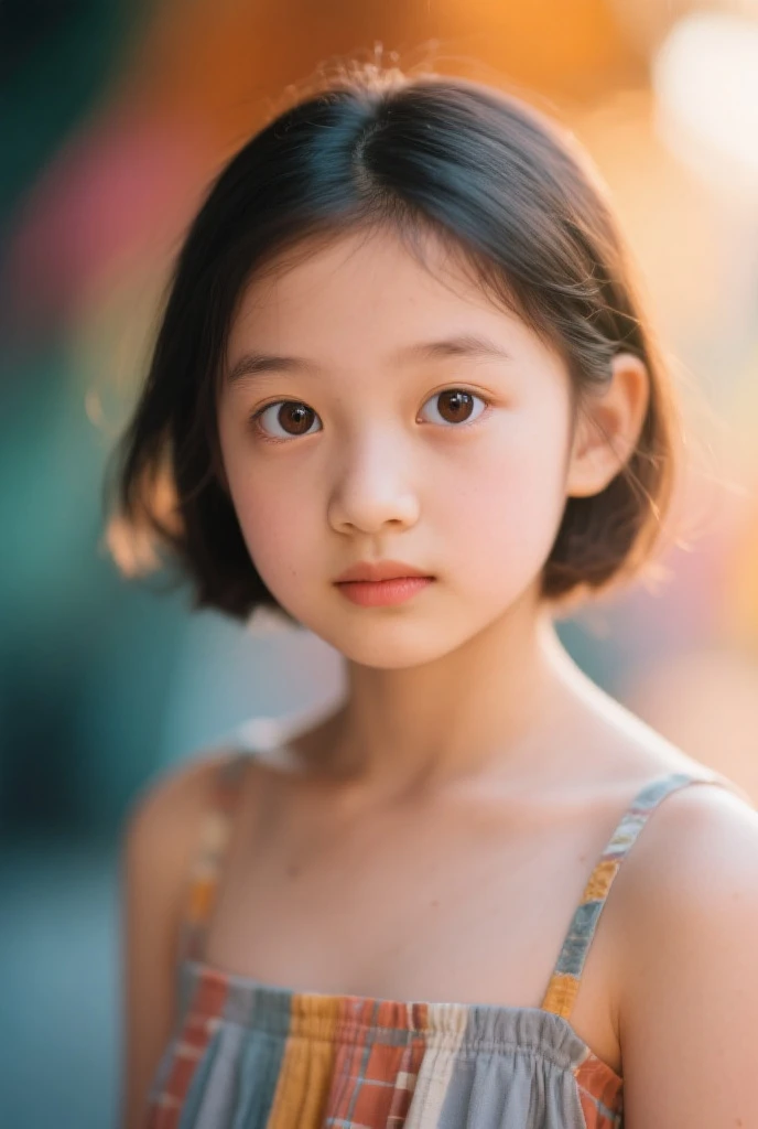Masterpiece, Original Quality, Top Quality, Best Image Quality, Exaggerated Detail, Half Body Shoot, Clear Face, Kid's Face, Professional Lighting, Lovely 12 Year Old Asian Girl With Shy Expression, Beautiful Detail Eyes, Bloated Cheeks, (Short Hair, Realistic Skin 1.5, Sleeveless Shirt) Outdoor, Pose In Front of Camera, (Chest Emphasis), Smiling, child-looking body, melting backdrop, bokeh backdrop