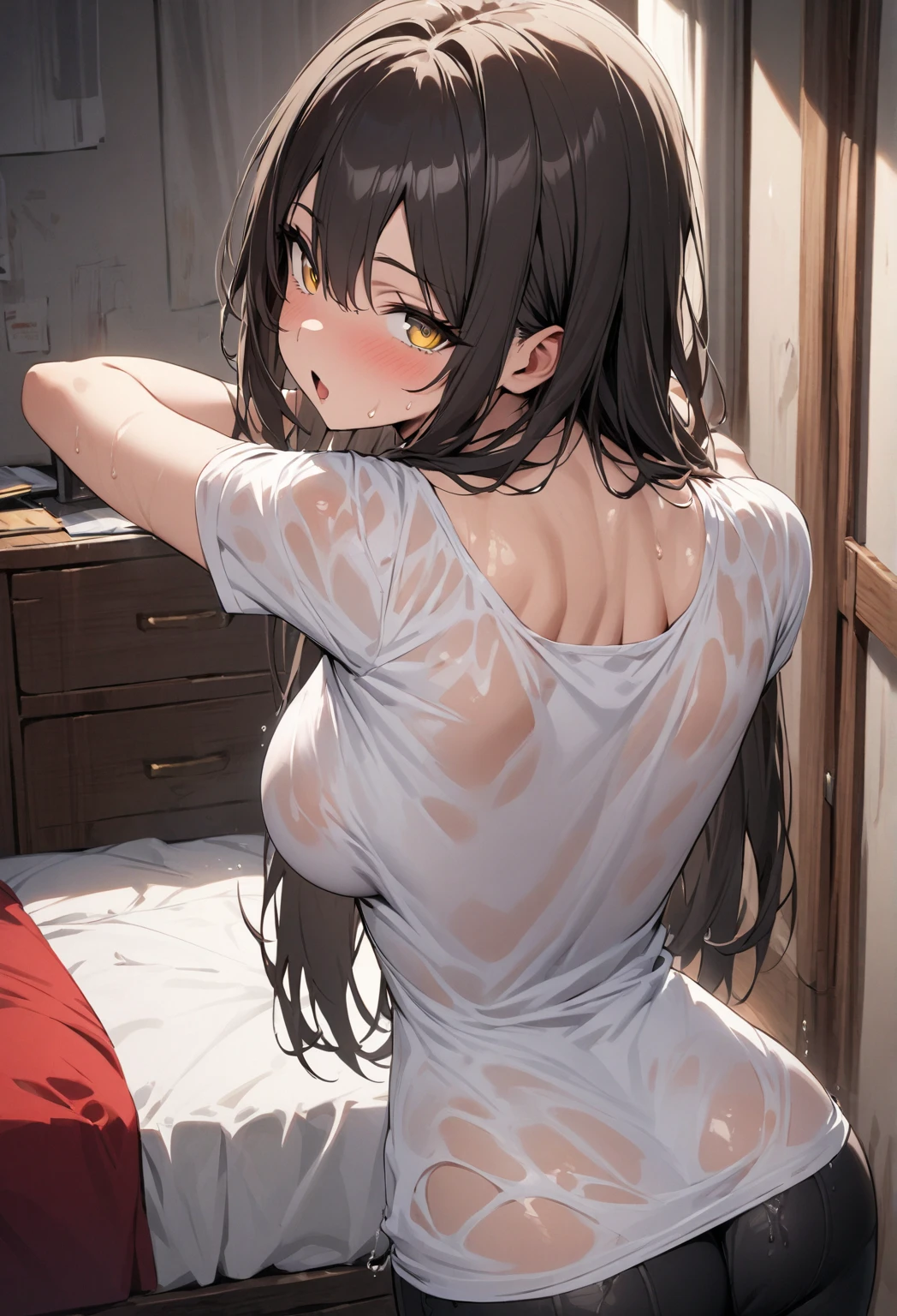 {{beautiful}}, amazing, (best quality:1.5), (masterpiece:1.5), extremely delicate and beautiful, intricate details, finely detailed, extremely detailed, beautifully detailed, ultra-detailed, (hyperdetailed:1.5), high resolution, (illustration), watercolor pencil, Clear line drawing, (ufotable style:1.1), (ufotable screen cap:1.1), anime coloring, anime screencap, (latest picture), backlighting, dynamic angle, glow, depth of field, {{body satisfaction}}, (body with a good balance of style:1.5), (slender figure:1.5), perfect body, perfect hands, perfect feet, (two arms:1.2), (two legs:1.2), (five fingers each:1.2), (perfect joint:1.2), perfect joint movement, beautiful detailed eyes, (detailed eyes:1.5), finely detailed eyes, perfect ???????, full dissection, perfect composition, correct limbs, balance and coordination in all things, realistic:0.5, precise fingers and hands, (finely drawn hair:1.5), {{cool girl}}, (black hair:1.3), (semi-long hair:1.3), (straight hair:1.3), bangs, (cyan eyes:1.3), (medium breasts:1.3), (small-sized buttocks:1.3), {{long-sleeved sweater}}, (long-sleeved sweater:1.5), (taking out a hem:1.2), (black pantyhose:1.5),