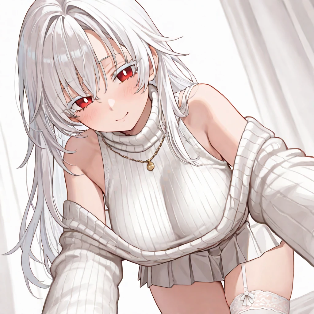 masterpiece, best quality, (1girl), <lora:dangerous_beast_chloe_v0.6:1>, chloe beast, cowboy shot, (white hair, straight hair:1.4) red eyes, medium breasts, arms up, mai_7