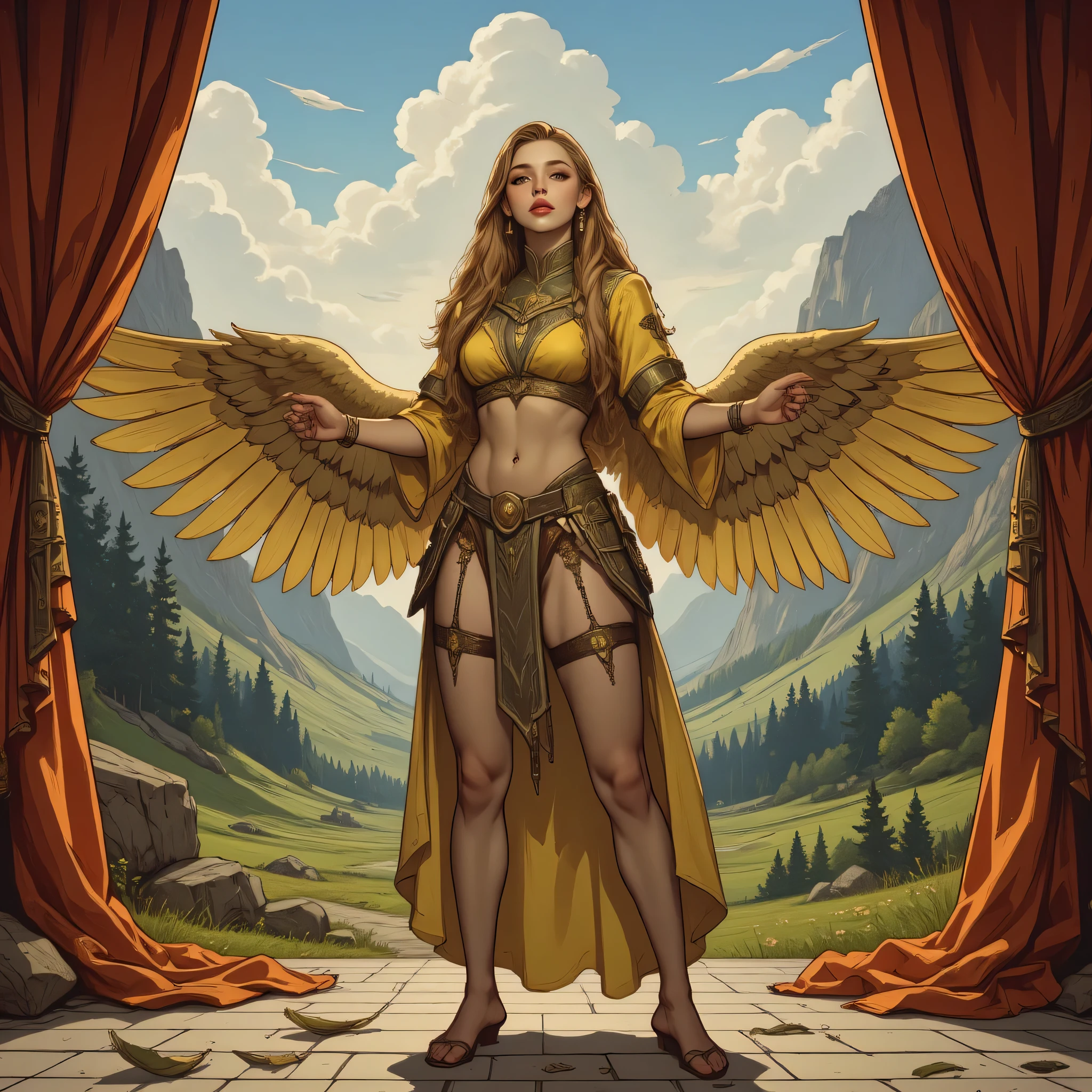 A very beautiful 22 year old warrior angel paladin, suspended in the air on a stage, eyes wide open with silent emotion, her golden wings with their feathers scattered all over the stage and falling to the floor. ((candy pink lips)), long spanish yellow hair, ((full body posing with one hand on the waist: 1.4)), (graceful pose), ((Hyper realistic)), ((photorealistic)), looking at viewer, beautiful eyes, shy smile. The background is a valley with very few trees brushed in mystical indigo ink. The background is painted in a brushstroke style, with visible and expressive textures and dynamic strokes that add depth and movement. The paint covers only the area immediately behind the subject, as if the background had been brushed behind it, and fades toward the edges, creating a modern and artistic vignette effect. Masterpiece quality, stunning image, sharp focus, 8k UHD, soft lighting, film grain, vibrant, no blur, wide angle, soft cinematic volumetric lighting, high quality, top quality, (Best Quality), dynamic angle, epic landscape, panoramic, colorful, beautiful masterpiece, 16k, best quality.