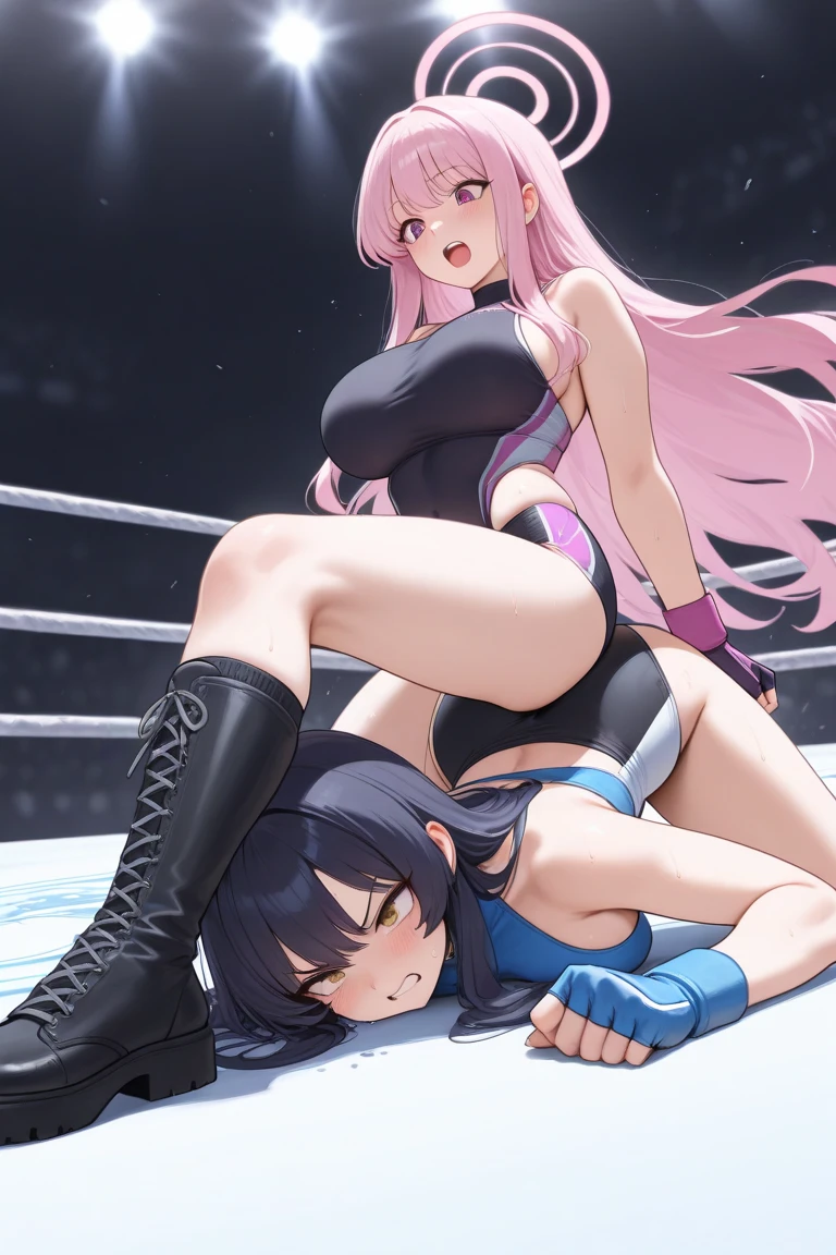 (1 boy, 1 girl), a teenage school girl in mixed bondage wrestling with a teenage boy, they are roughly the same age, the school girl is wearing a red pleaded careered skirt and a black pullover, the girl has a is a bit smaller than the boy, the girl has shoulder long hair, the boy is wearing casual clothes, teenage boy hogtied and struggling against the ropes, school girl applying more ropes to the teenage boys body, blushing boy dominated and controlled by the girl, the girl is smiling and laughing and tries to humiliate the teenage boy, the teenage boy is blushing and ashamed and is gritting his teeth, he desperately tries to break free but to no avail, the boy struggles and squirms against the ropes, the girl is sitting on top of the teenage boy to prevent him from moving and has ropes in her hands and uses them to tie up the arms of the teenage boy behind his back,the arms of the teenage boy are completely tied behind his back in lots of ropes, the teenage boy looks very embarrased and ashamed, the girl is saying „this must be embarrassing for you“ , huge struggle, many viewers watching, wrestling ring,intricate rope work, teenage boy blushing and ashamed, dramatic lighting, highly detailed, photorealistic, 8k, masterpiece, teenage school girl vs teenage school boy, femdom, power, control, beautiful teenage girl, detailed faces, teenage boy aggresively tied up by teenage girl, lots of rope, perfect eyes, detailed faces, squirm and struggle marks arround the boy