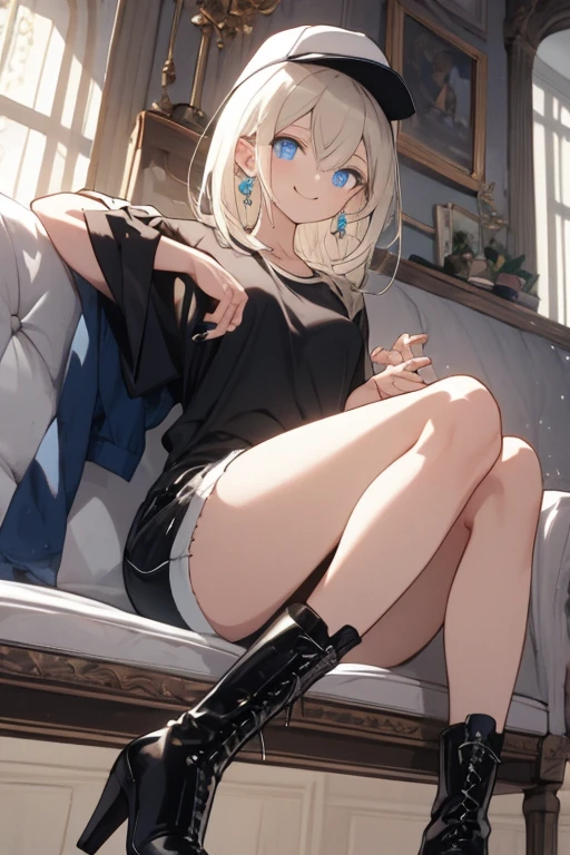 (masterpiece, best quality:1.2), solo, Android 18 from Dragon Ball, ((light gray baggy crop T-shirt, short sleeve, black thin thigh highs, knees up, beautiful butt, light gray dolphin shorts)), small breasts, short blonde hair loose, ((blue eyes)), (wearing glasses), earrings on earlobes, slender feminine figure, skinny body, cleavage, light blush, chill, organized, simple, white-based interior, a few plants, cloudy sky, terrace, magnificent view, blur background, 4K, on the cute chair, (pale blue chair), pink strings of thong underwear slightly visible, midriff-baring,