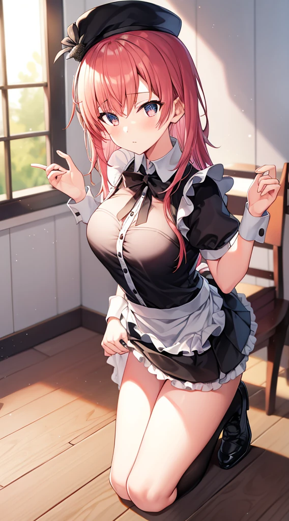 (((beautiful gothic maid woman:1.3)),(((emphasizing breasts:1.3))),(Dynamic angles),(Dynamic and sexy bending pose:1.3),(sit on the bed and look up at the camera:1.3),(Short hair in shiny silver and orange inner colors,large full breasts,Disturbance of clothing due to movement,breast slip,(Ponytail twisted buns adorned with elaborate braids and beads,Braided Setup Fishbone Hair),(see-through bangs),Huge breasts、(((A lace apron that shows your bare skin from under your big breasts...)))、Blush with embarrassment、Enraptured eyes、A smile that beguiles the viewer、(Look back:1.7)、Look into the photographer,skin glistening with sweat,gazing at viewer,(Professional Lighting),(8K,3D images,masutepiece,top-quality,Ultra-high resolution output image,),(Ultra HD with complex detail image modes),depth of fields,Beautiful hands,Beautiful fingers,Detailed finger features,(Detailed hair features:1.7),detailed facial features,detailed clothes features,