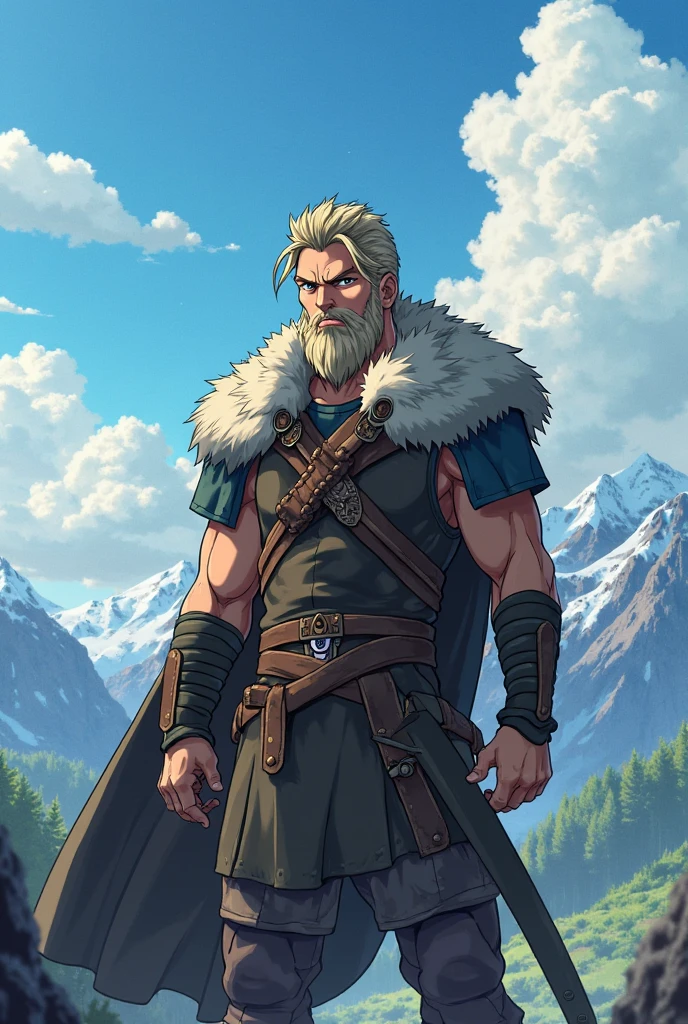 absurdres, best quality, blonde hair, highres, highly detailed, hand in own hair, on the background prehistoric tribesman standing on a snowy peak, overlooking his territory