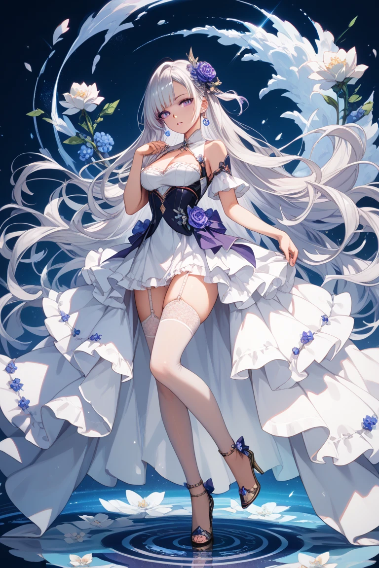 1 girl, white hair, wavy hair, very long hair, light gray eyes, small eyes, mature face, dropping eyes, big breasts, cameltoe, blurry background, erect nipples, black wedding dress, blush, tiara, feather, pepperoni nipples, ahes, fog, forest, veil, ((forehead)), earrings, white roses, pubic hair, skirt lift, panty shot, light smile, garter belt, high heel, tall statue, night, candle