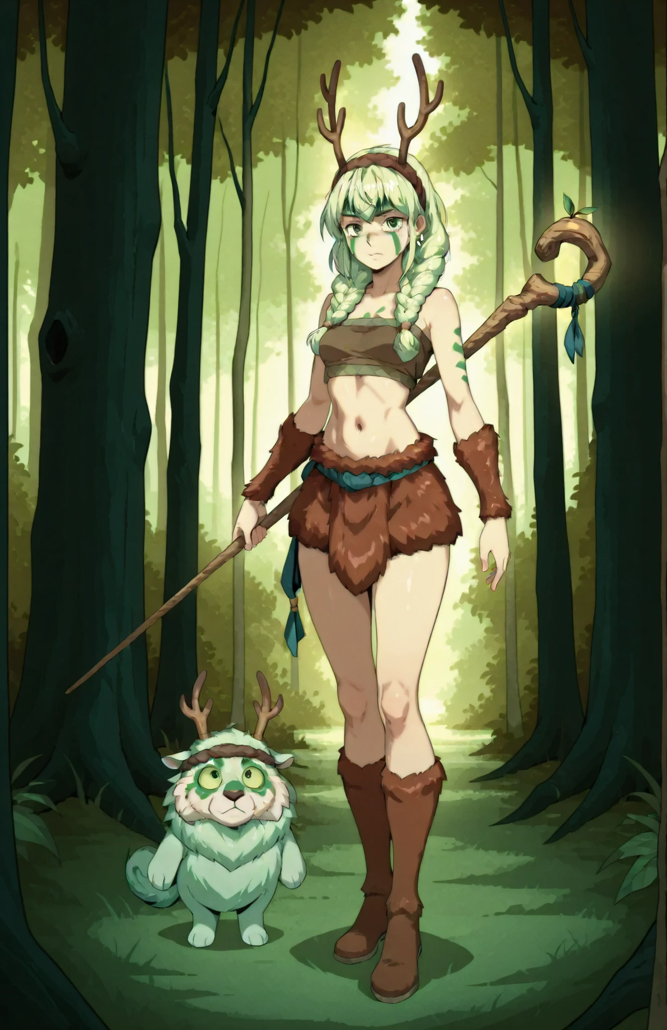 A woman with long green braided hair, fair skin, holding a large wooden staff, wearing animal furs and leathers, a headband with antlers, green face paint, bare midriff, placid expression, standing in a forest during the day, natural lighting, SFW, in full view in a highly detailed anime style