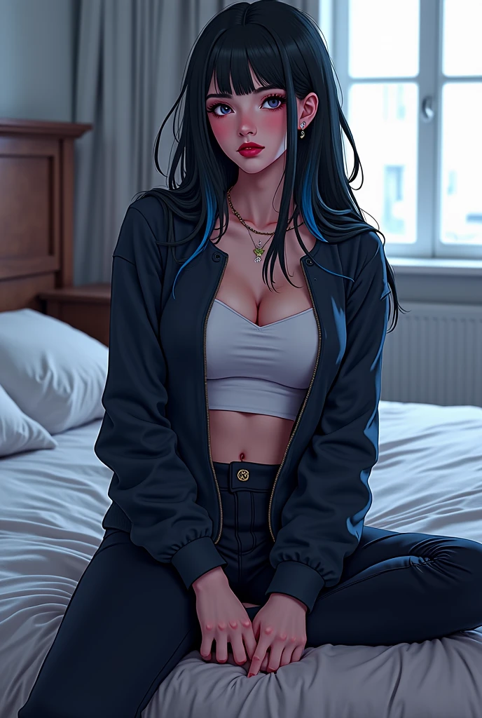 (full figure:1.1), (1 girl as yukino yukinoshita:1.1), absurdres, highres, solo, school uniform, big breasts, waist long black hair, (twintails:0.5), (pleated miniskirt:1.2), (black thighhigh socks:1.2), loose red ribbon, unbuttoned white shirt, (ahegao:1.5), (rolling eyes:1.5), (torn clothes:1.5), naked breastss, spread legs, no panties, (lying on a bed:1.5)