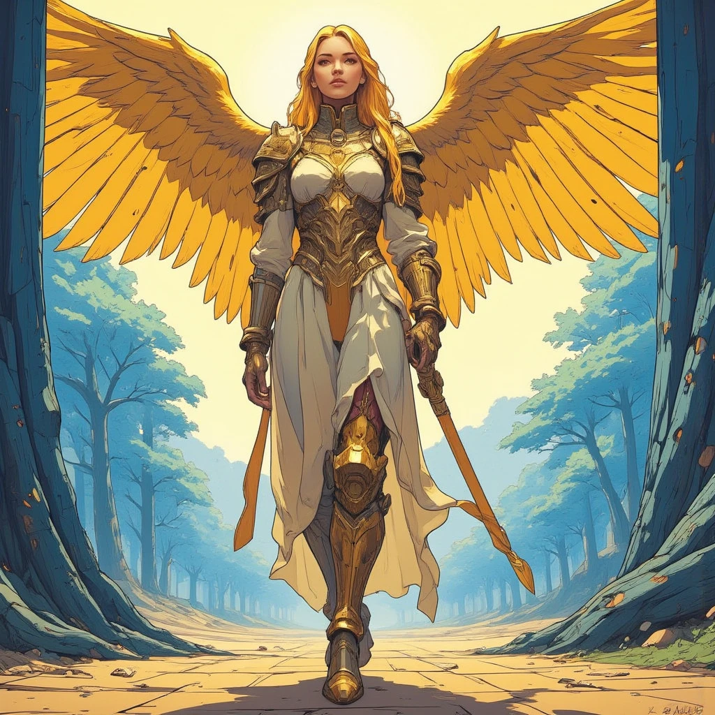 Illustration of a forest Alafed woman with sword and wings, Full body 2D illustration animation、Ghibli Illustration Anime、Stand on the grass of the whole body、forest hunter lady, female forest archer, Bird Warrior, warriorgirl, cute little、 Ghibli Illustration 、Big Wings of Angels, warrior outfit, a very beautiful berserker woman, armor girl, One Angel、as a badass monster hunter, Art styles, Mystical Valkyri、The whole body is painted
