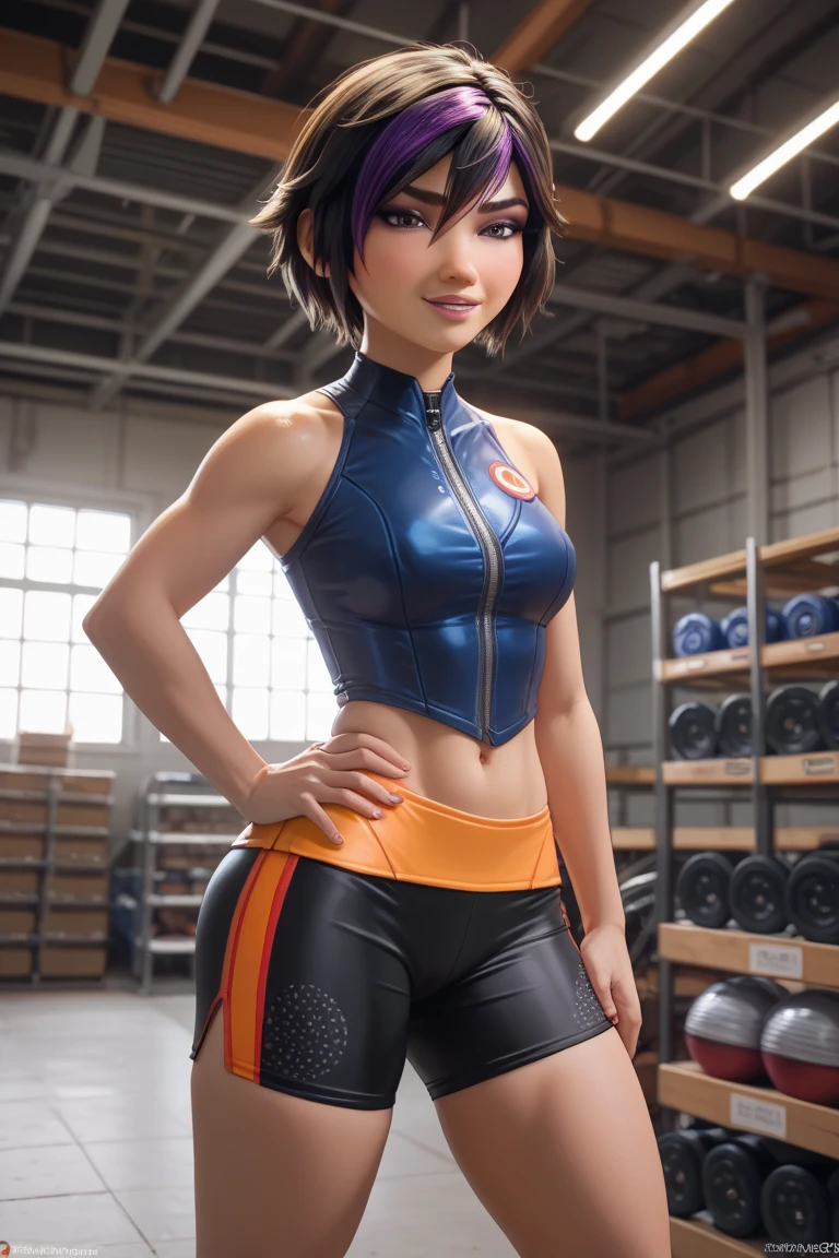 bombchu lady, short purple hair, green eyes, pink striped shirt, (looking at viewer), big smile, upper body view, neon lighting, high quality, masterpiece, small breasts, choker, (muscular, thick thighs:1.2), three quarter view