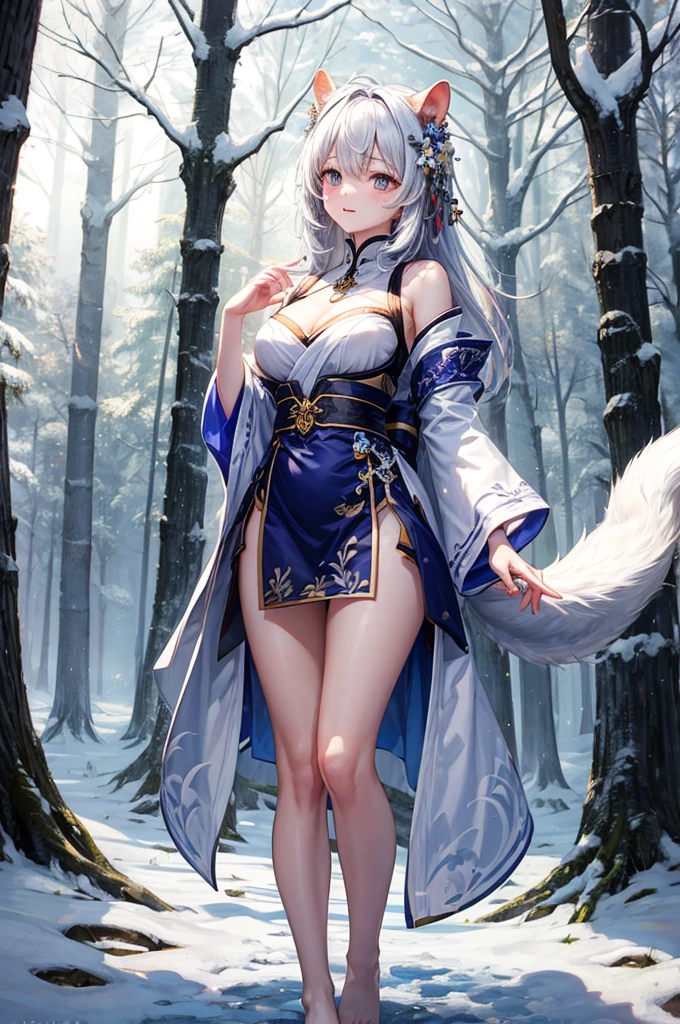 She is a beastman。Ears are rabbits、Although the body is the same as that of a human、The whole body is covered with white fur。The eyes are big and the nose is small。The outfit is a robe like a wizard。Draw accurately with high image quality。
