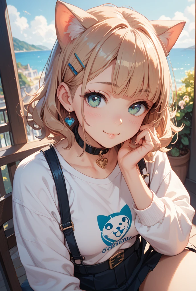 ((Masterpiece)), ((best quality)), (Anime:1.3), (super detail:1.2), (High Definition:1.3), (Professional Photography:1.3), (sharp focus), (perfect light), ((12 years old)), 8K, Glossy skin, cinematic lighting, 1girl, wide-shot, ((Wearing frayed Long Sleeve T-shirts with border pattern)), fluffy shorts, loose Long Sleeve T-shirts, (Cute innocent teenage girl), (Healthy slim body), small breast, glossy medium hair, (loose blunt bangs), :d, open mouth, (sticking out tongue), (naughty smile), beautiful collarbones, (exposed shoulders), (cat ears), pale brown hair, messy Hair, BREAK, ((best quality)), Sitting by the diner window, indoor, (Dubrovnik townscape in Croatia), summerday, Beautiful and clear Adriatic Sea,