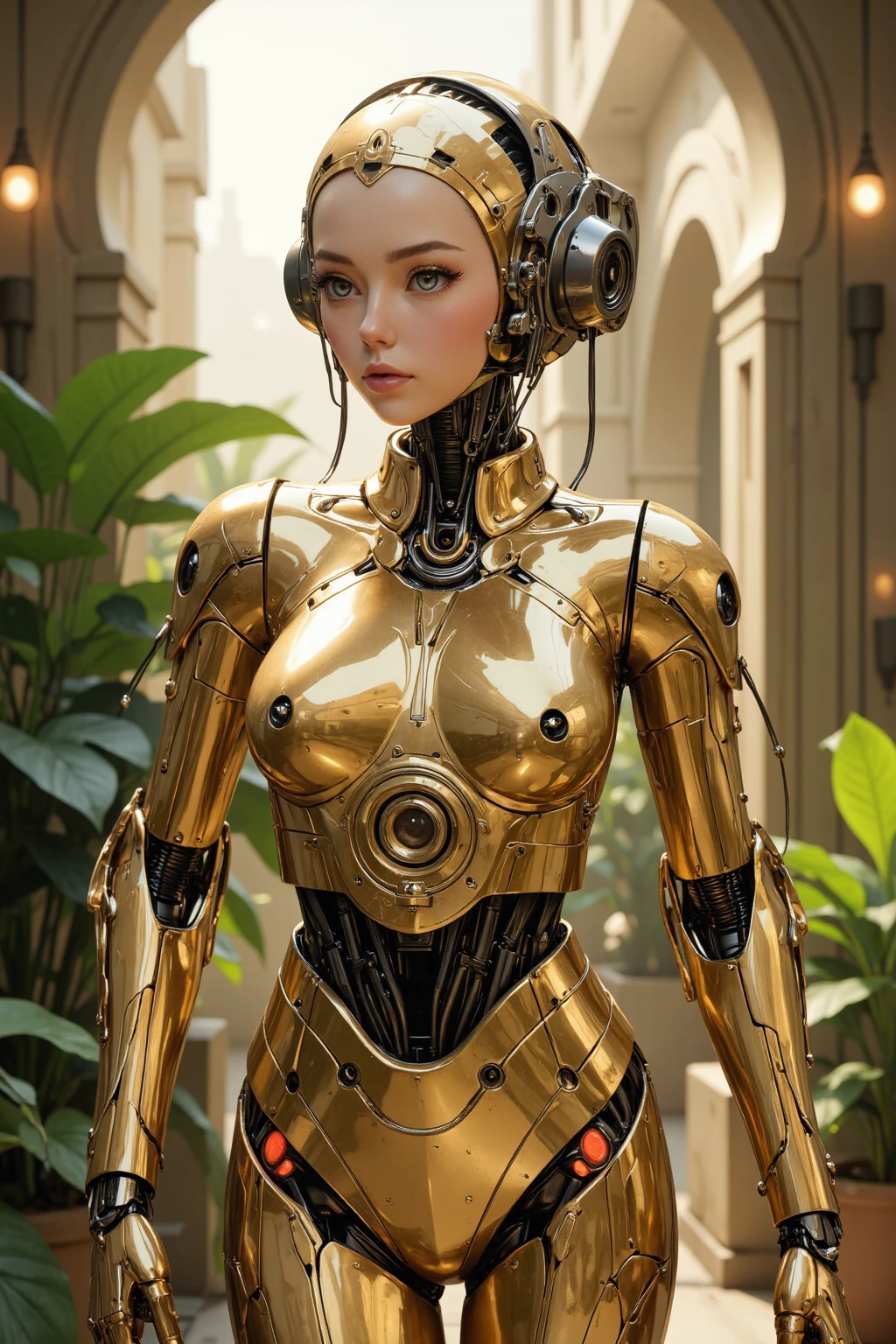 profile photo, in front of the yellow wall, Asian cyborg woman without body, connected by cable, Twisted cable and wire and LED, Charming eyes bodypunk PLC robot、silver motor head, with ray gun, 80 degree field of view, art by:sergio lopez, natalie shau, James Jean and Salvador Dali, (Yellow background:1.5)