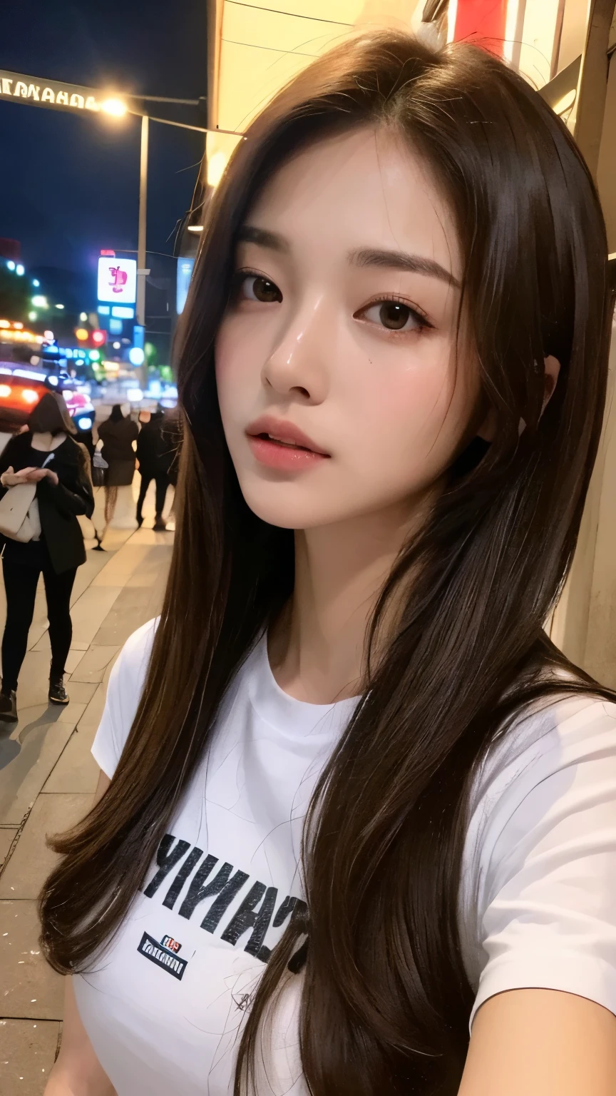 （Genuine， High resolution：1.3）， Girl with perfect body， Very beautiful face and eyes，Long Hair， City， T-Shirts， Big Breasts，