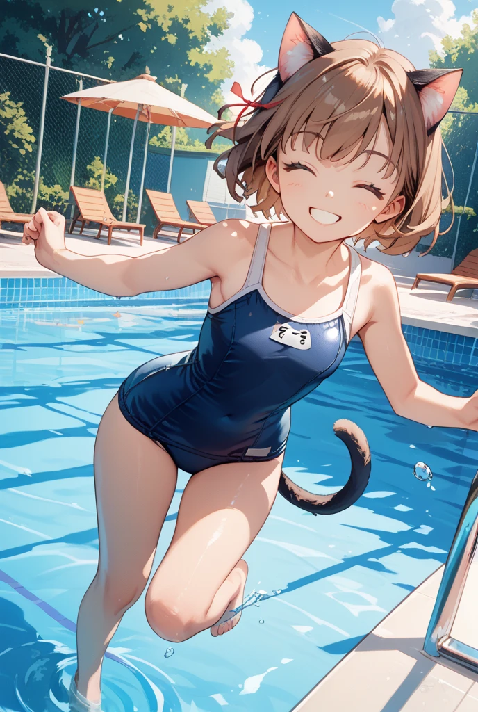 indoors, 1girl, breasts, smile, short hair, open mouth, bangs, large breasts, simple background, brown hair, 1boy, animal ears, cleavage, brown eyes, jewelry, tail, swimsuit, hetero, earrings, , solo focus, cat ears, dark skin, blunt bangs, necklace, high heels, cat tail, one-piece swimsuit, uncensored, fangs, blush stickers, erection, testicles, bob cut, cat girl, all fours, drooling, furry, veins, furry female, veiny , pink footwear, interspecies, disembodied , pearl necklace,  awe, furry with non-furry, looking at , green one-piece swimsuit