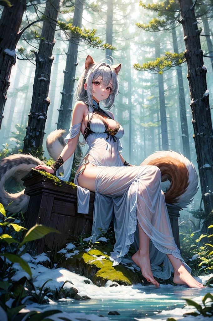 Professional, high-quality photos, 8K resolution, Ultra high definition. ((A girl with ears and a foxtail tail,(Wearing a negligee),Captures attractive girls in real detail)). She is sitting in the middle of a magical forest. Every element is perfectly expressed. The texture of pajamas, The ears and tail are sharp、palpable. Soft to the touch. The sunlight falls on the leaves、The girl's face is gently illuminated, Highlights delicate and attractive facial expressions .