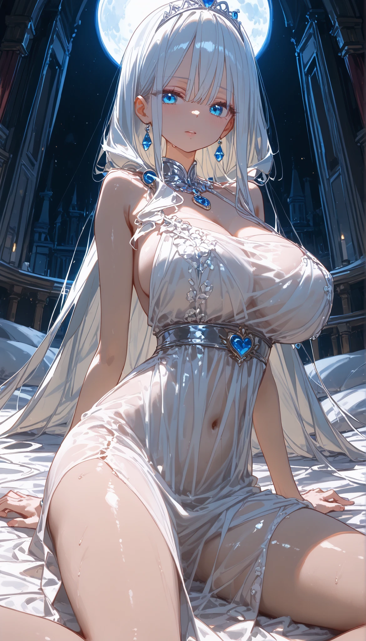 top-quality、Top image quality、masterpiece、girl with((20yr old、Best Bust、big bast、Bust 85,beautiful golden eyes、Breasts wide open,Silver-haired shorthair、A slender、Large valleys、Silver Bikini、Silver dress,Silver Tank Top,close range、Slouching posture))hiquality、Beautiful Art、Background with((Luxury Hotels、Large room,silver chains))masutepiece、visualart、depth of fields、
