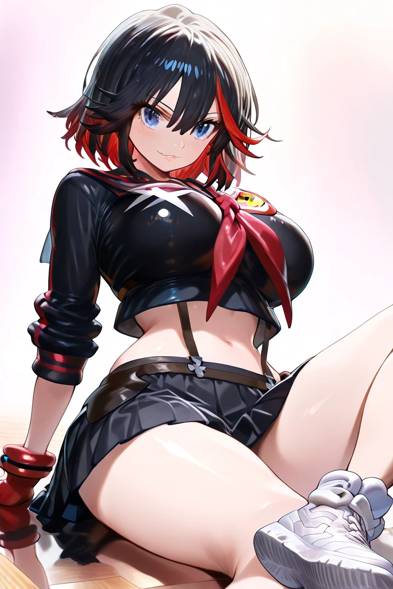 guapo, head of'artwork, best quality, extremely detailed face, perfect lighting, 1fille, bare, matoi ryuuko b, senketsu, suspender skirt, squat,flush, tir de cow-boy