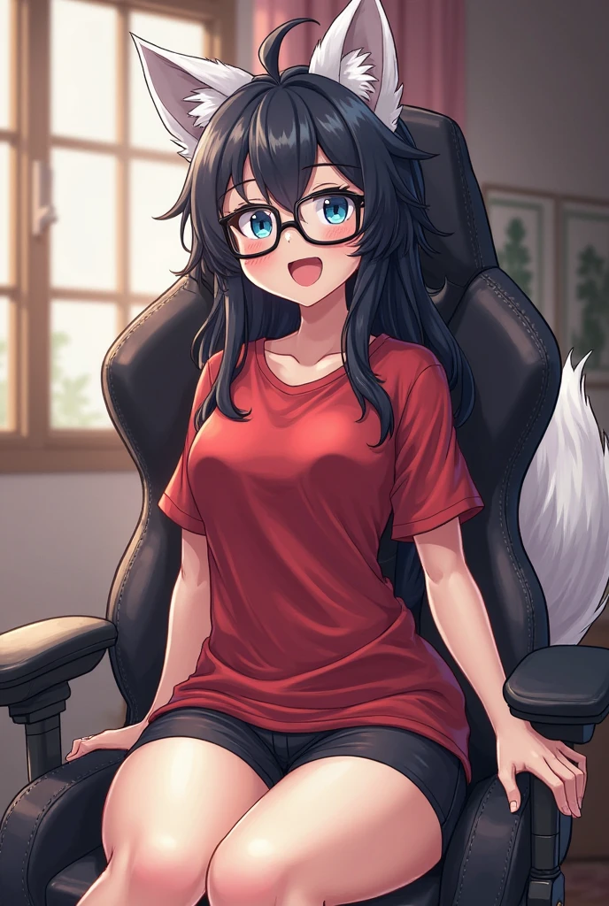 Alone, score_9, score_8_Very high up, score_7_Very high up, Kimono style, a young furry wolf Anthro nerd, child, Ahegao, female, young wolf girl, wolf snout, white and furry body, High High, long messy black hair, Long hair, Bblack hair, white wolf tail, black glasses, blue eyes, white wolf ears, white wolf tail, small breasts, wearing a red shirt, black shorts, Sitting in a gaming chair in the bedroom, front angle, panting, naughty face, mischief