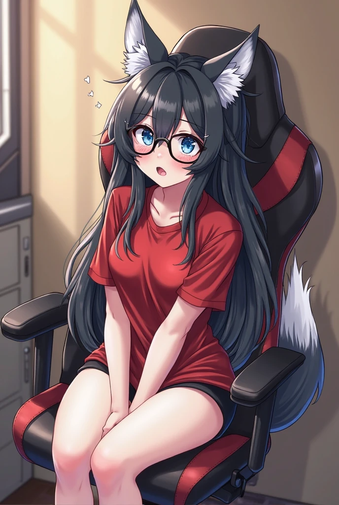 score_9,score_8_up,score_7_up, a young nerdy Anthro furry wolf girl, white furry body, tall, awkward, long black messy hair, hair covering one eye, long black hair, blue eyes, black glasses, thick thighs, small breasts, wearing loose red tank top, black short shorts, hind paws with pink paw pads, perfect soft feet, 4 toes, bored, sitting on a gamer chair, foot focus, she is leaning back, holding an iPhone,