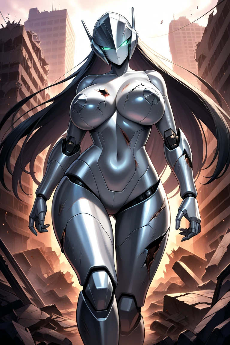 empty eyes,robotized woman ,big bust,Robot Joint ,Metal skin,Black Suit,long hair,a suit that covers the whole body,mechanization,robot, antenna,black long hair