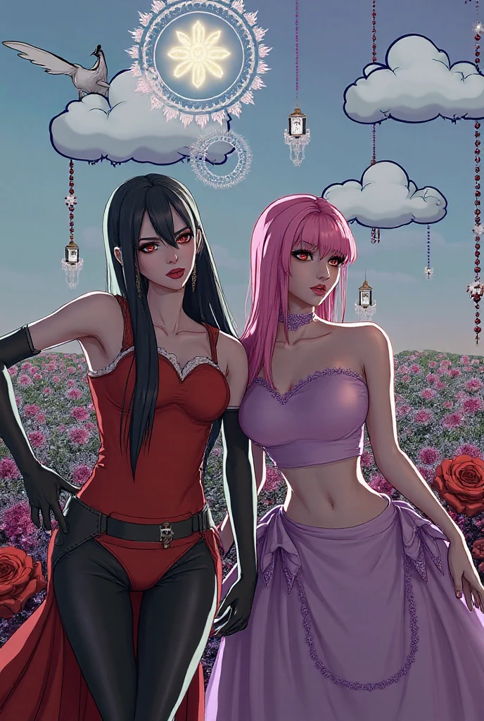(anime, masterpiece) intricate, from behind, summer sea aestetic background, comics_darkstalkers_morrigan_aensland, 1girl, Slender hips, slim stomach, thin waist, sexy posing, back view, aesthetically pleasing rear view, looking at viewer, medium breasts, slim body, long hair, violet hair, violet eyes, skimpy mini black silk dress with black garter stockings, symmetrical stocking size, heart shaped earrings, girly decorations, solo, flowers, modest smile, bright red lipstick, painted nails red