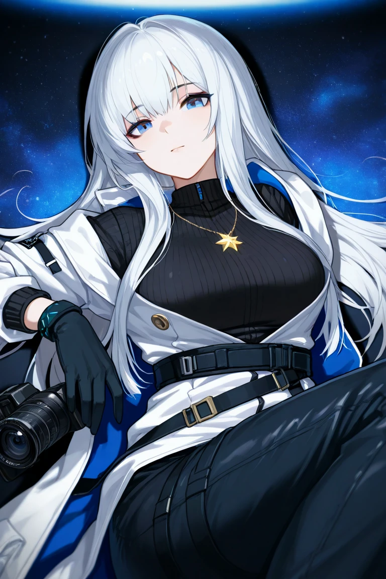 A girl，White long hair，Dissemination，Blue pupils，Big breasts，17-year-old girl，Humanity，A bit dull，A bit shy，R18