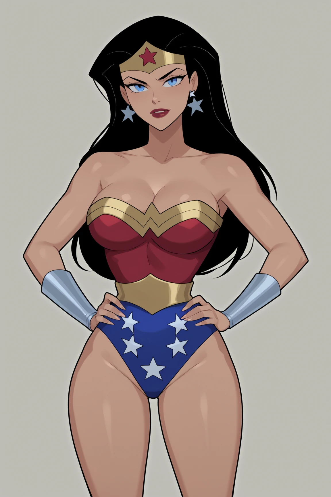masterpiece,best quality,extreme detail,8k,wonder2, 1girl, solo, long hair, breasts, smile, blue eyes, large breasts, black hair, cleavage, bare shoulders, jewelry, collarbone, thighs, earrings, dark skin, grey background, star (symbol), dark-skinned female, lips, strapless, makeup, tiara, lipstick, clenched hands, red lips, bracer, superhero, naked