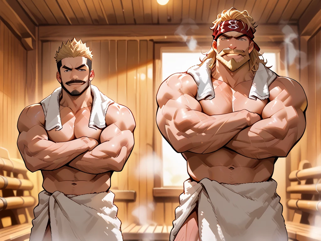 huge muscular old man soaking in an onsen, white and short hair, white beard, old, old man, grandpa, half submerged, (huge muscular), (yakuza tattoo:1.2), detailed muscles, 8k, masterpiece:1.2, hyperrealistic, white fundoshi, highly detailed full body, really big muscle, massive muscle, thick arms, wide pectoral, submerged, floating steam, over sized muscle, huge arms, big arms, huge pectoral, bulge, , rich colors, serene atmosphere, traditional Japanese setting, wooden hot spring, soft ambient lighting, wrinkled skin, happy expression, reflective water, peaceful relaxation