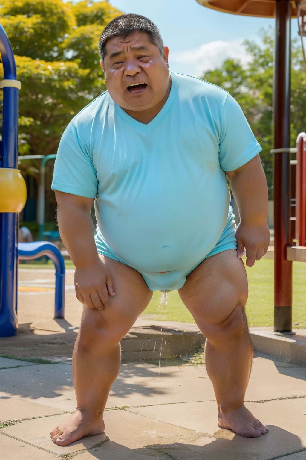 comfetely nude, nsfw, Full body soaked,heavily wet and torn shirt,(Semen dripping all over the body:1.2),(Semen dripping in the buttocks:1.2)muddy,School,blackboard,schoolyard,Whimpering,sad,Completely naked,realistic,khd, Super giant,Half-human, half-Asian black bear, Completely nakedの若い男, no pants, Short and stocky exposed,Erection of lower body, East Asian slightly chubby young man,A slightly chubby young male student in his s, gay