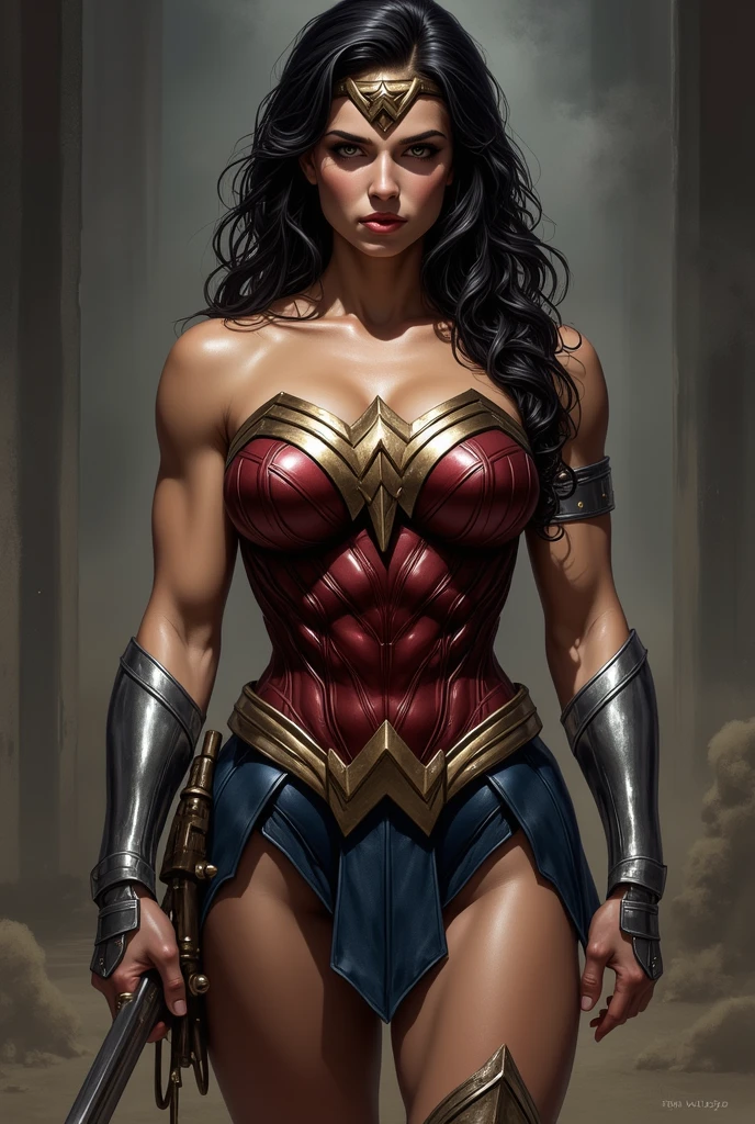 Photo of a beautiful and strong Woman, portrayed as Wonder Woman, (Upper body shot with heroic pose, confident and serious look), (Detailed and intricate makeup enhancing her features: 1.2), (Delicate and beautiful facial features: 1.1, with delicate and expressive eyes), (Naturally realistic and toned muscles: 1.2), (Strong and healthy body with long, curvy legs and generous curves), (Big breasts: 1.3 and thin waist), (Swollen lips: 0.9), (Perfectly proportioned face), (Thick and long eyelashes), (Blue eyes with rounded and outlined irises), (Hydrocolor l