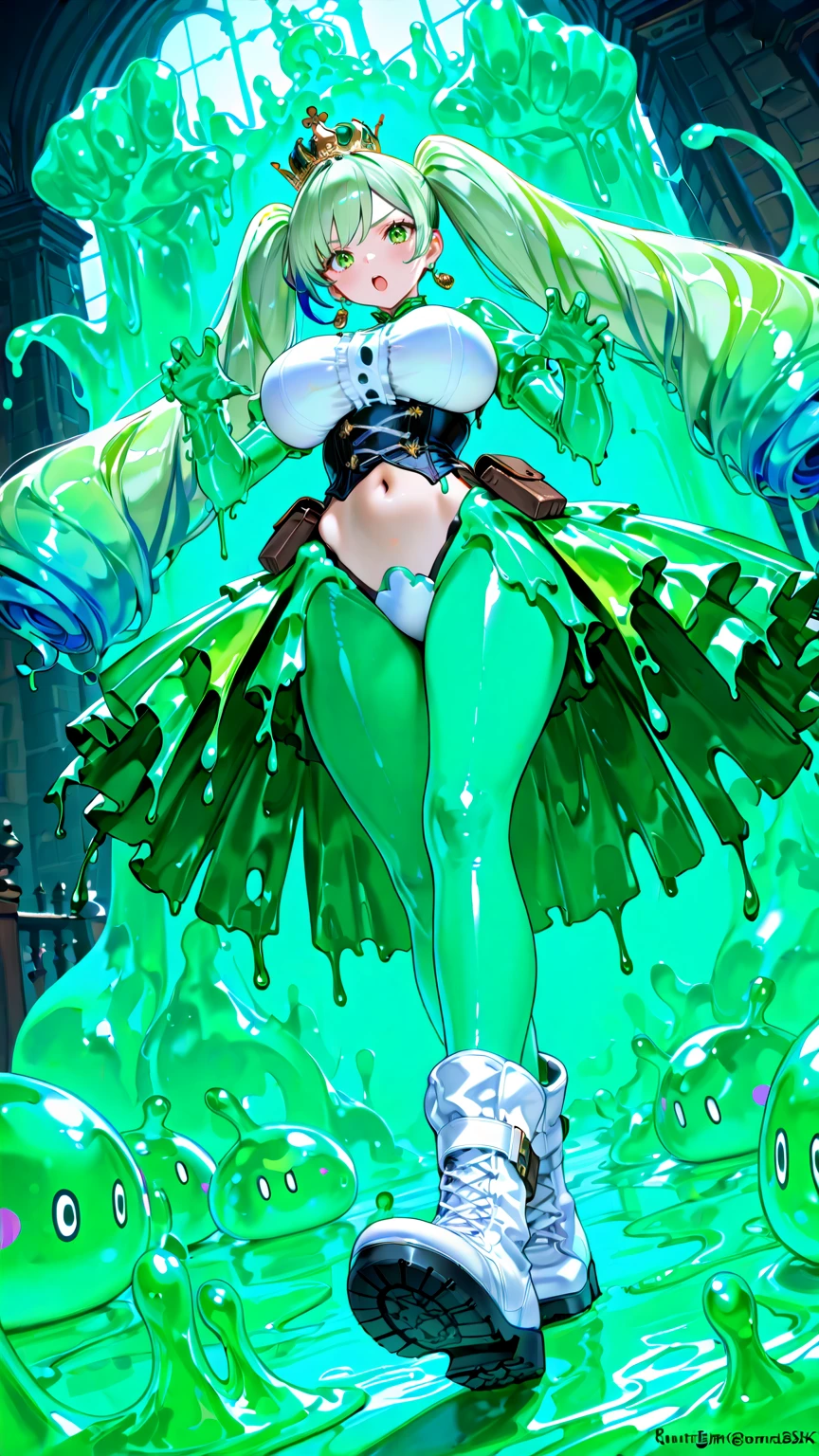 Slime Skin,luminous translucency,female,Round Face,Solitary,sports,Relax,elegant,whole body,(((Exposing thighs))),full,Transparent openwork,Deep V,((Short skirt)),stocking,leggings,Disheveled,(((Wet clothing))),(((Ultra-thin clothing))),Grinning
