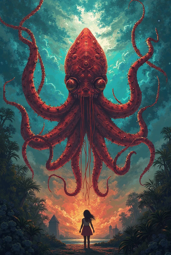 Mythical creatures, author：Zdzislaw Beksiński and Vincent van Gogh, Red moon and big eyes、Cthulhu