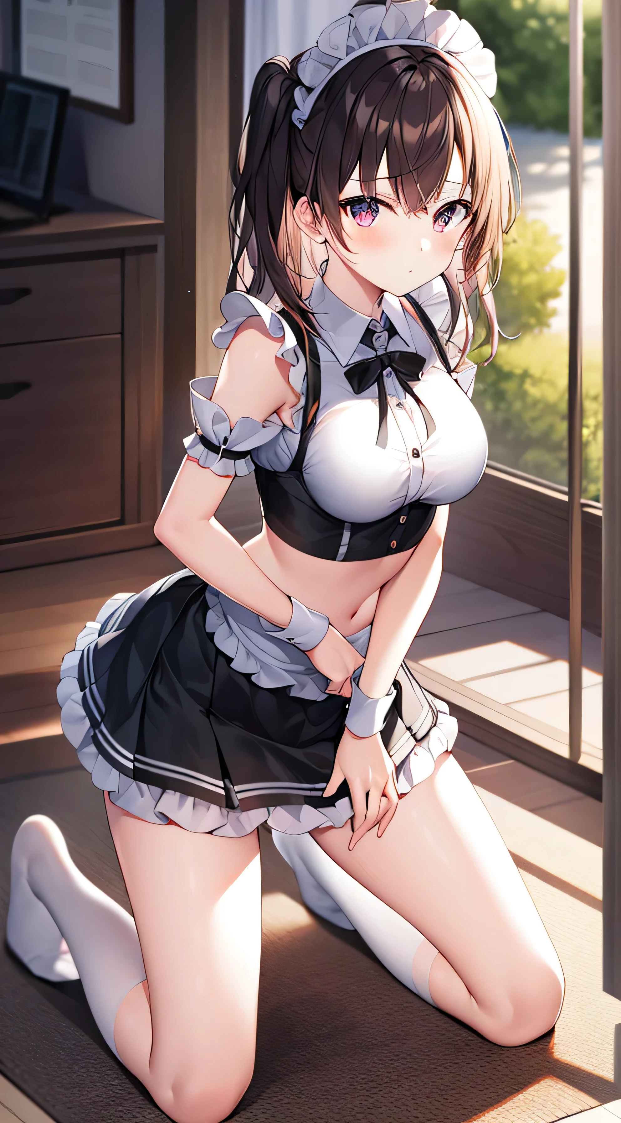 ((Tabletop, highest quality, High resolution, , Pixel perfect, 4K,))), 1 beautiful woman, private teacher、The whole body is visible、 ((Mid-wave hair, bangs, Brown Hair)), ((Brown eyes, Beautiful eyelashes, Realistic eyes)), ((Detailed face, Blushing:1.2)), ((Smooth texture:0.75, Realistic texture:0.65, Realistic:1.1, Anime CG Style)), middle size breast, Dynamic Angle, Perfect body, (( , , 、Frill apron, Maid Costume、Ruffled short sleeve shirt、Maid Costumeフリルスカート))、Cooking in the kitchen、、I can see all of your panties、Very embarrassing panic smile, 、、、、(White floral lace panties are visible、Stick your butt out)、Angle from below)、