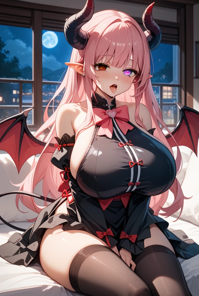 (Best quality, 8k, 32k, Masterpiece, UHD,:1.2),RAW, human, 1girl,ultra cute , ultra cute, natural lighting, transparent shining eyes, 20yo, large breast ,femur, fair complexion , flushed face, devil Costume, body-fitting devil Costume, ((devil wings)), seductive smile, Derp red hair, devil tail