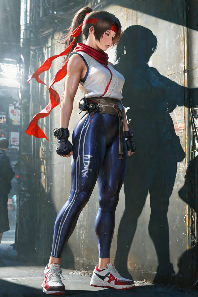 (masterpiece:1.2, best quality:1.2, beautiful, high quality, highres:1.1, aesthetic), detailed, extremely detailed, ambient soft lighting, 4K, <lora:add_detail:0.8>, FaithMirror, 1girl, solo, gloves, tattoo, fingerless gloves, pants, realistic, black hair, shoes, sneakers, short hair, tank top, lips, red footwear, face tattoo, asian, <lora:FaithMirror:0.7>, breasts, (gigantic breasts:1.6), (hyper breasts),massive breasts, oversized breasts, breast bigger then body, wide hips,