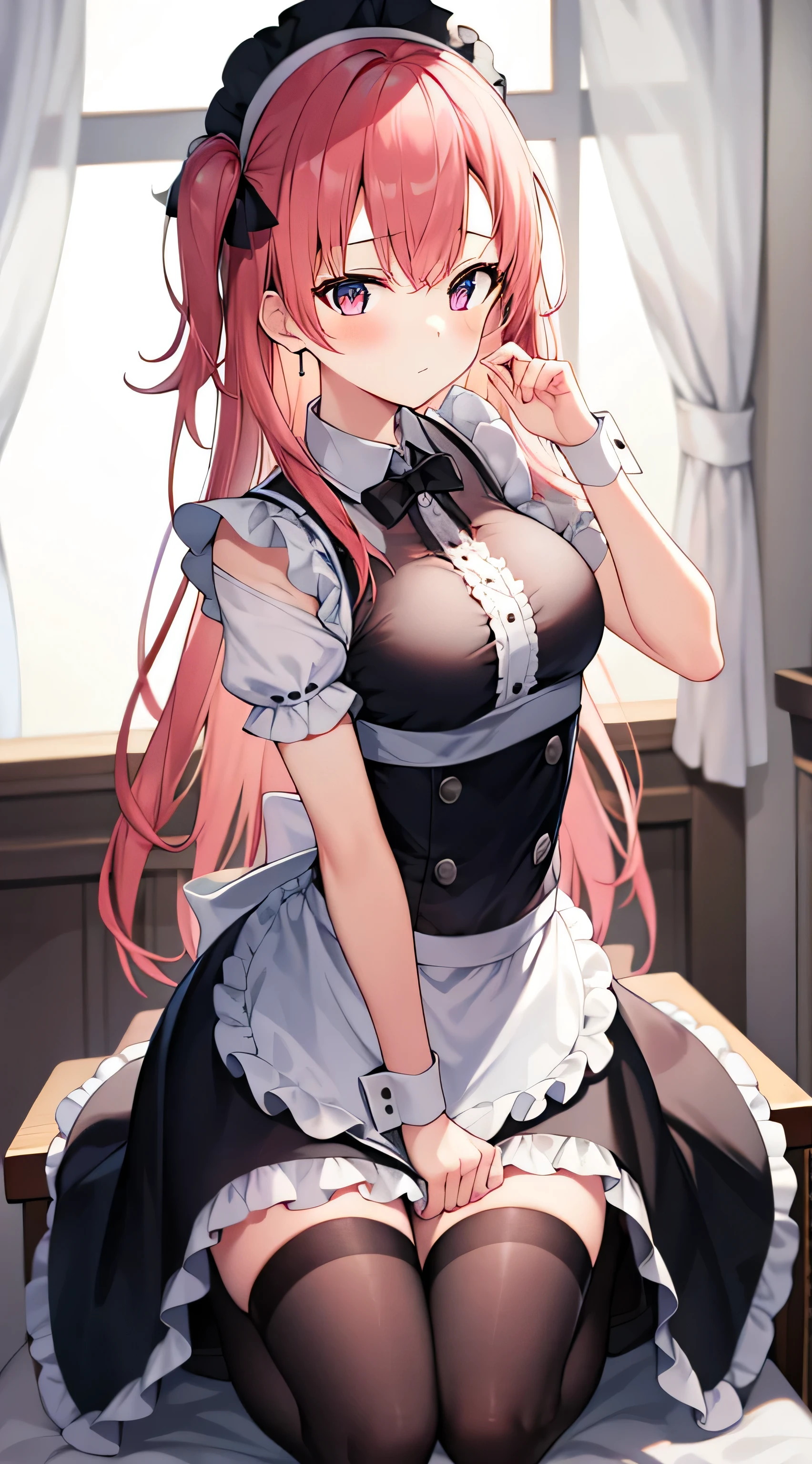 itsukinakano, Itsuki Nakano, bangs, blue eyes, hair between eyes, Ahoge, redhead, star \(symbol\), blush,embarrassing,hair ornaments,long hair,short braided hair, star hair ornaments,she was wearing a maid long skirt,bare shoulders,Bare chest, white stockings on her legs, lift the long skirt with both hands,
break indoors, coffee shop,
break (masterpiece:1.2), highest quality, High resolution, unity 8k wallpaper, (figure:0.8), (detailed and beautiful eyes:1.6), highly detailed face, perfect lighting, Very detailed CG, (perfect hands, perfect anatomy),