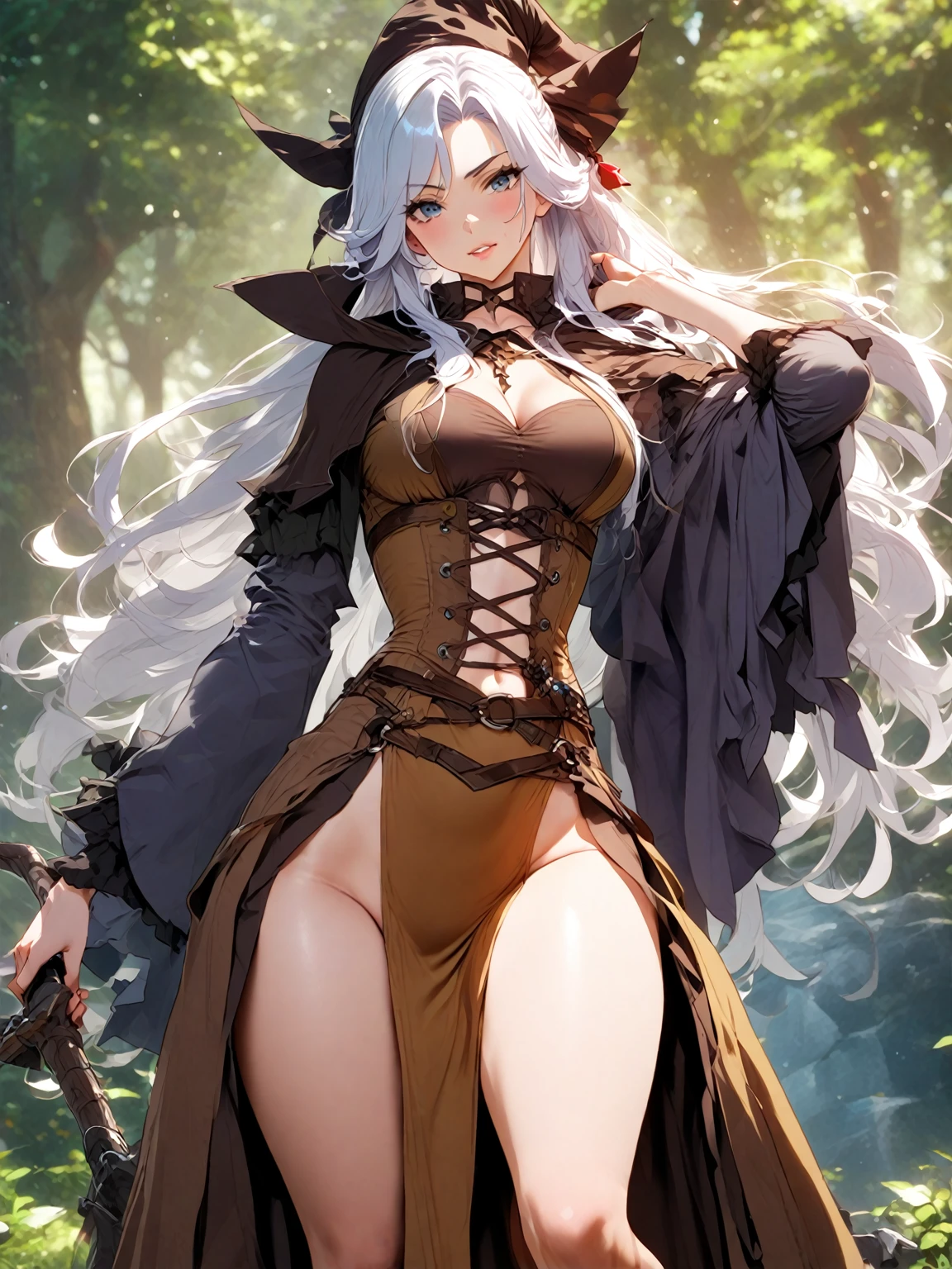 1 girl, ((completely naked)), breast, crotch, arm sleeves,(( visible vagina, pussy)), white hairs, ((dragon girl, black fur coat, cape, belt, cloak, horns)), gloves, stockings, boots, scenery, green fields, tree, flowers, walking towards viewer