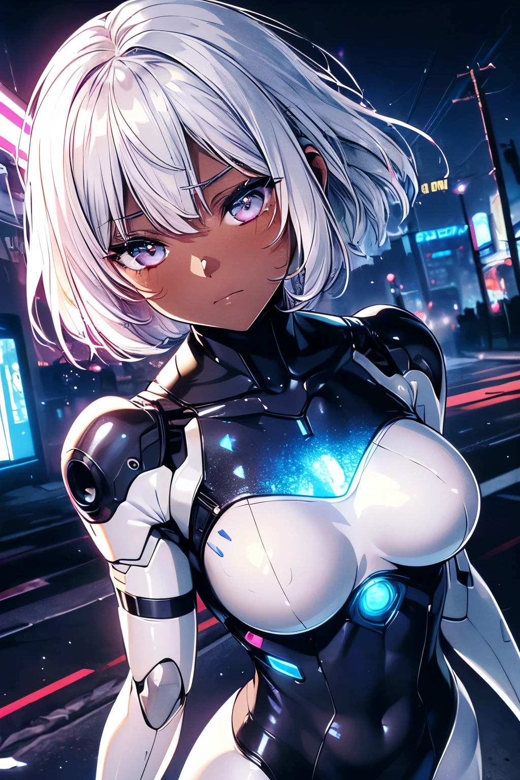 1girl, Baby face:1.5, cute:1.5, 
break 

((android bodysuit:1.3), (cyborg), (Robot Girl:1.3), (Damaged body:1.5), (cracked skin:1.2), (Illuminated Circuit), (Metal Joints ), (Futuristic Body), (scar:1.3), (artificial skin), (Red Light Inside the Wound:1.2)), 
((dark skin:1.8)), 
break 

(( Silver Hair:1.2), (blunt bangs:1.2), (Very Short Bob : clean-cut hair + neatly trimmed ends):1.2),  
((small breast), (slim body)),
((dark eyes:1.3), (droopy eyes:1.4), (eye highlight:1.2), (twinkling eyes:1.2)), 
((thick black eyeliner:1.3), (thick bluish eyeshadow:1.3), (False eyelashes:1.3), (thin eyebrows:1.3), (glitter eyeshadow:1.3), (Under eyeliner:1.3)), 
break 

(Futuristic Ruined Cities:1.3), (Ruined Streets), (Flickering Neon Signs), (Cyberpunk Atmosphere), (cigarette, rubble,  night view), (Dim Blue Lights), 
(standing、place one hand on your lower back、confident posture), 
cowboy shot wearing white judo uniform, 
from below, 
break 

(half-closed eyes:1.3), ((stares)), ((anger)), 
break 

symmetrical face, detailed face, 
beautiful hair, 
double eyelids, Thin eyebrows,  
detailed eyes, beautiful eyes on my stomach, Shining Eyes,  
glossy lips, beautiful lips, 
detailed skin, beautiful skin,  
break 

(best quality), (master piece:1.3), (ultra detailed), (photorealistic:1.3), (highres), 16k, 1080P, Full HD, extremely detailed CG, realistic, anatomically accurate, anime, 2D, 
