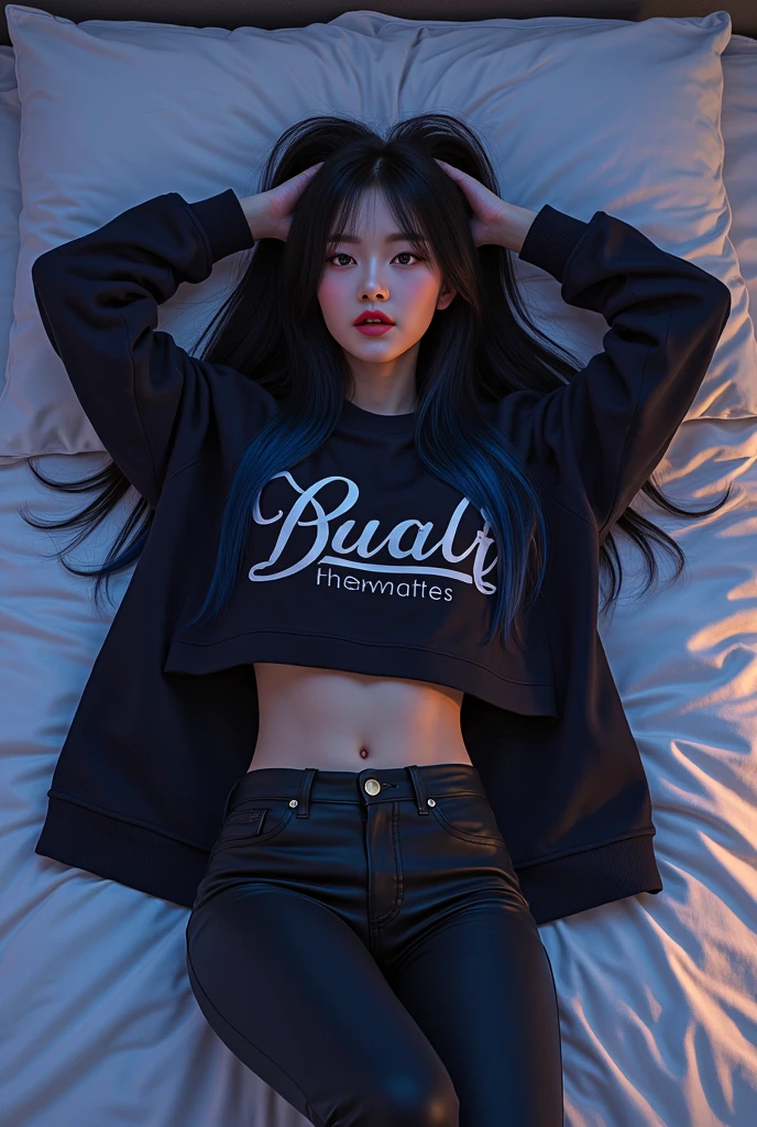19 year old Asian girl, with outstanding beauty, bright blue eyes, and a perfect face like each of her features, face inspired by singer Billie Eilish, long shiny black hair, pale skin and thick, shiny lips, sitting on the couch, wearing a short white shirt that saids "Boys love Skylar", perfect body, with tattoos, big tits