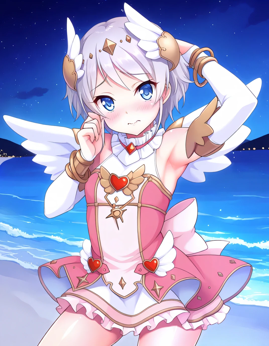 yori_angel,wing hair ornament,wings,pink dress,bridal gauntlets,bracelet,angel wings,dress,jewelry,white wings,hair ornament,feathered wings,bare shoulders,frills,bangle,detached sleeves,gloves,sleeveless,skirt,fake wings,shiny skin, solo, night sky, beach, armpits, hands behind head, ((contrapposto)), closed mouth, cowboy shot, looking at viewer, wavy mouth, shy, best quality