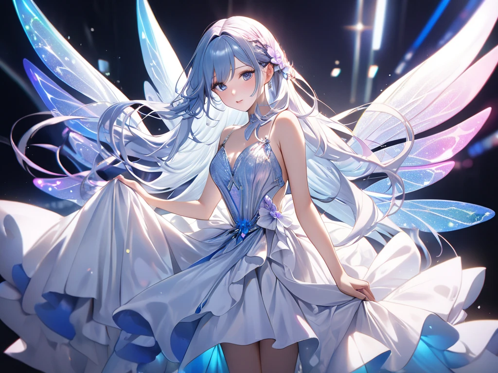 8k wallpaper,detailedbackground,Highest high resolution,silber hair,Bandeau Wedding Dress,white wedding dress,White heels,Castle background,A Princess,butterflys,rays of moonlight,Good Hand、Beautifully aligned fingers Little butterfly flying around、The Spirit of the Coming Earth、Wind Spirit、Wearing flowers that invite dreams、
