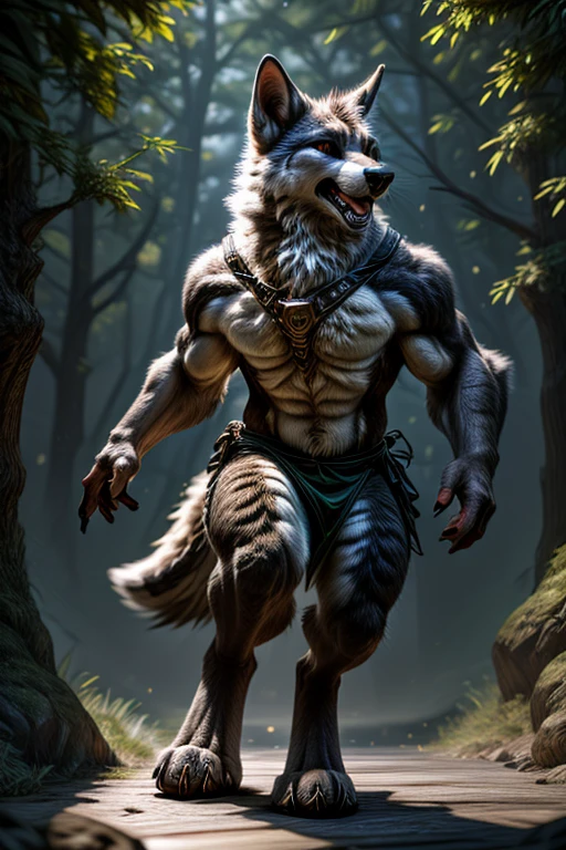 ultra-detailed, masterpiece, masterwork, high quality, best quality, hdr, posted on e621, (by darkgem), (nature), nsfw, male, solo, chibi, (little body werewolf), werewolf, (long silver hair, yellow eyes, white body cross your arms), standing, dynamic angle, (bulging white loincloth)