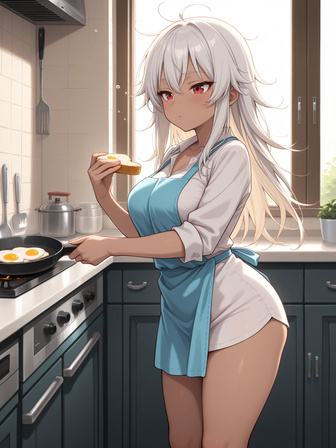 A girl in a micro bikini making a large amount of naan curry