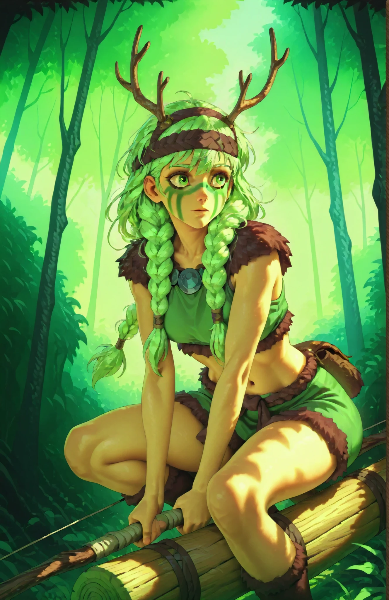 A woman with long green braided hair, fair skin, holding a large wooden hunting bow, wearing animal furs and leathers, a headband with antlers, green face paint, bare midriff, calm expression, crouched, in a forest during the day, natural lighting, SFW, in full view in a highly detailed anime style