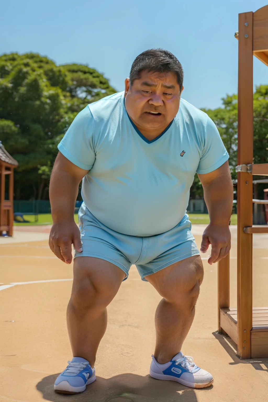 Thick Japan middle-aged man in his 50s, 1man, retarded, Dwarfism, He wears a light blue shorts, Bare Thighs, Pampers, shirtsless, ((peeing self, wetting self, pee stains,)), ((trembling, fear expression, scared, looking at viewer)), kindergarten background, It's a sunny day, Incontinence, He stand and cried in playground, Full body, a picture, 8k, high detail photo, Masterpiece