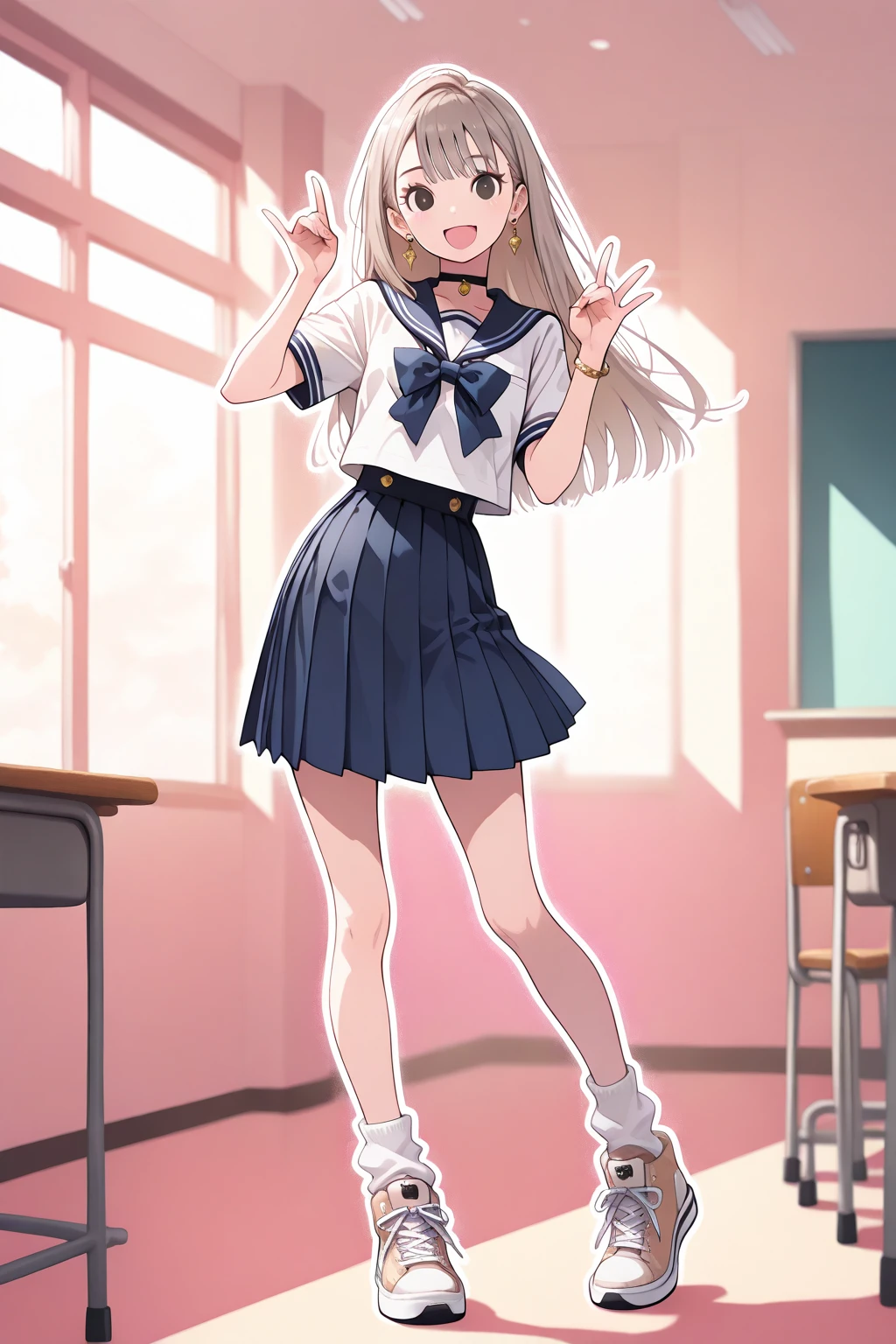 (Ethereal warm color theme), full body, dynamic  pose, happy hand gesture, 
BREAK 
1 girl, solo, gray brown long straight hair, flat side bangs, brown round eyes, narrow clear eyes, (perfect slim style:1.2), (perfect kawaii face:1.2), 
BREAK 
navy blue school sailor uni, pleated mini skirt, Ankle low socks, high-heel High-cut sneakers, GAL fashion, GAL gold accessories, earring, bungle, choker, looking Happy, Happy with me, 
BREAK 
in classroom, calm day, blurred colorful watercolor background, 
BREAK 
(best quality:1.2), 8K, (high res:1.2), (intricate detailed:1.3), pastel color, (flat anime style:1.3), Ink pastel, perfect balanced gradation, smooth simple painting, (bold round line, bold sharp outline), soft lighting,